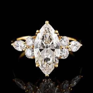 Anillo de Moissanita con Corte Marquesa, Chapado en Oro, Plata, Diseño Floral, Engaste de Garras, Lujoso, Clásico, Anillo de Compromiso, Joyería para Mujer - Product Image 1