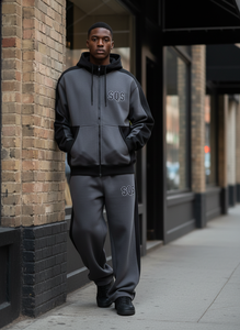 Ensemble de survêtement deux pièces pour homme, noir et gris foncé, avec sweat à capuche zippé et pantalon de jogging, tenue de sport - Product Image 2