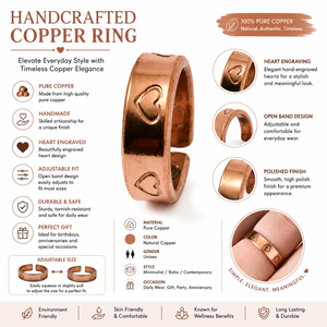 Handcrafted Adjustable Pure Copper <b>Ring</b> with Heart Engraving Trendy Open Band Unisex Daily Wear <b>Ring</b> - Product Image 6