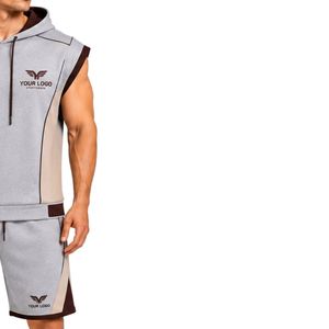 Mens Light Grey Beige Dark <b>Brown</b> Sleeveless Hooded Tracksuit <b>Set</b> Custom Logo <b>Gym</b> Fitness Training Sports Hoodie And Shorts - Product Image 4