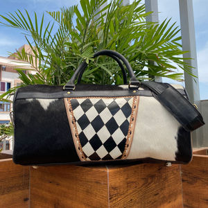 2025 nouveauté motif à carreaux usiné en cuir de vachette véritable grande capacité sac polochon nuit Weekender sacs pour unisexe - Product Image 4