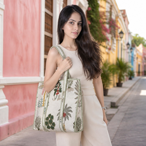 EcoDari Quilted Cotton Canvas Boho Tote <b>Bag</b> Striped Large Capacity Off-<b>White</b> Travel Shoulder Handbag Women Daily Use Maharashtra - Product Image 3