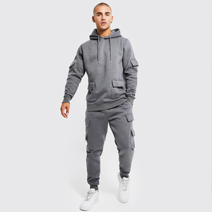 Ensemble de survêtement streetwear multi-poches respirant en molleton 100 % coton gris ardoise pour homme - Product Image 1