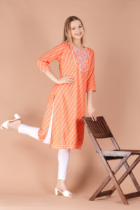 Women Orange Printed Straight <b>Kurti</b> Ethnic Casual Wear <b>Kurti</b>, Embroidery Work <b>Kurti</b> , Trendy <b>Kurti</b> , New Kurta - Product Image 2