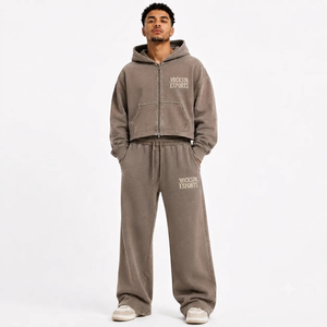 VOCKSIN Vintage Casual Solid Taupe Cropped Zip Hoodie Tracksuit Men's Regular Wide Leg <b>Sweat</b> <b>Set</b> Washed Cotton - Product Image 1