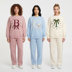 Custom <b>Women</b> Crew Neck <b>Christmas</b> <b>Sweatshirt</b> with Matching Trouser Set Embroidered Holiday Letter Design Soft Fleece Two Piece - Product Image 3