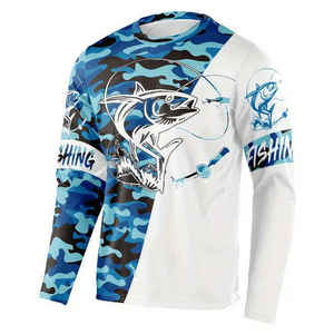 Camisa de Pesca de Manga Larga para Hombre con Estampado de Tiburón, Secado Rápido, Protección Solar UPF 50, Diseño Azul Estampado - Product Image 1