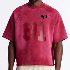 T-shirt col rond surdimensionné pour homme, coupe ample, en coton bordeaux délavé avec impression de numéros, style streetwear décontracté, fabrication OEM ODM - Product Image 1