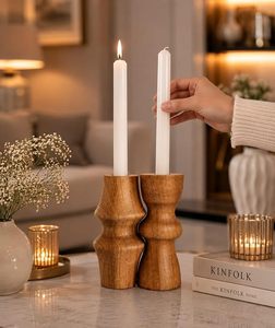 Handmade Durable Wooden <b>Tall</b> Candle Holder Set Polished Brown Round Candle Stands for Home Decoration Christmas Wedding <b>Table</b> - Product Image 4