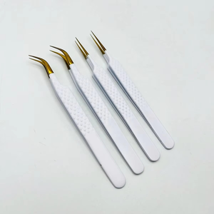 Juego de Pinzas para Extensión de Pestañas de Acero Inoxidable de Primera Calidad al por Mayor, Punta Curva y Puntiaguda, Punta de Fibra Blanca y Dorada - Product Image 1