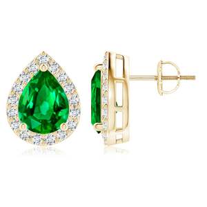 Green <b>Emerald</b> Halo Diamond Earrings Pear Shape <b>Emerald</b> <b>Stud</b> Earrings in 14K Solid Gold Classic Teardrop Jewelry for Her - Product Image 1