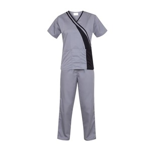 Women's Gray <b>Scrub</b> Set V-Neck Short Sleeve With Black Panel And Pockets Hospital Uniform Woven Cotton Polyester Blend - Product Image 4