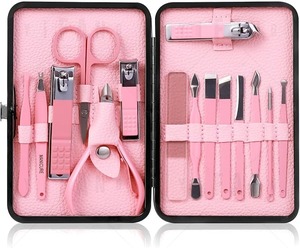 Kit de manicura de acero inoxidable rosa con cortaúñas y herramientas en estuche portátil para adultos, set de manicura profesional - Product Image 1