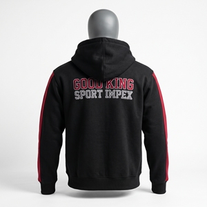 Midnight Black <b>Burgundy</b> Sleeve Stripe Fleece Zip Up Hooded Sweatshirt Dual Front Hand Split Pouch Pocket Athletic Warm Up Wear - Product Image 2