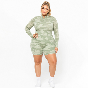 Women Camo Printed One Piece Romper Gym Fitness Compression Short Jumpsuit Half Zipper Plus Size Long Sleeve Jumpsuit Shorts - Product Image 2