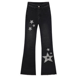 Vaqueros anchos personalizados con estrella de cinco puntas de diamantes de imitación, corte de bota, al por mayor - Product Image 1