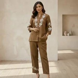 Women's Brown Embroidered Cotton <b>Linen</b> Co Ord <b>Set</b> Mandarin Collar Three Quarter Sleeve Straight Pants Regular Fit Elegant Outfit - Product Image 6