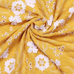Tissu en coton jaune moutarde de qualité supérieure, tissé, imprimé floral 3D, respirant et léger, pour robes de femmes et de filles - Product Image 1
