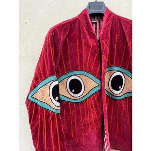 Chaqueta Bomber Roja de Terciopelo con Patrón Geométrico Bordado, Forro de Algodón Ecológico, Manga Larga, para Mujer, Invierno - Product Image 4