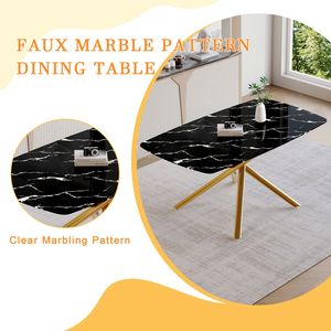 Lussuoso Tavolo da Pranzo in Vetro Temperato Effetto Marmo Nero 160x90 cm con Gambe in Metallo Dorato a Forcella Singola - Product Image 6