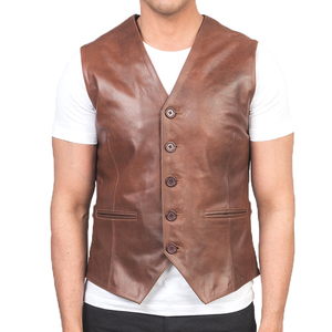 Chaleco de Cuero Marrón al por Mayor con Cierre de Botones, Estilo Clásico, Chaqueta sin Mangas, Chaleco de Cuero Genuino Elegante e Informal - Product Image 5
