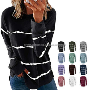Wholesale Autumn 15 Colors Women's Striped French Terry <b>Long</b> <b>Sleeve</b> <b>T</b>-<b>shirt</b> 230g Polyester Women <b>Long</b> <b>Sleeve</b> Hoodies - Product Image 1