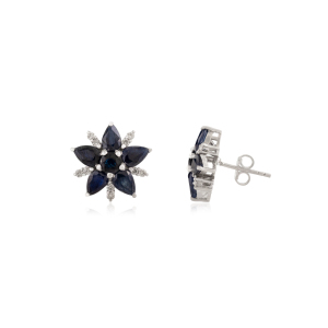 Elegant Floral Round & Pear Cut Authentic Blue Sapphire & Diamond Minimalist 925 Solid <b>Silver</b> <b>Stud</b> Earrings For Women & Girls - Product Image 3