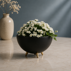 Best Price Iron Planters Pot Handmade Metal Pots Antique Matte Black Color With Golden Stand Customized for Garden - Product Image 1