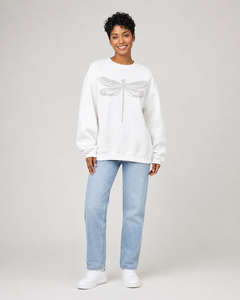 Sudadera Blanca Extra Grande con Cuello Redondo y Estampado de Libélula con Lentejuelas, Sudadera de Algodón Tejido de Manga Larga para Mujer, Ropa Urbana de Primavera - Product Image 1