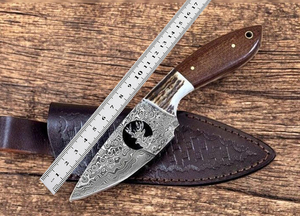 Couteau de chasse OEM Wirecut en acier Damas, lame fixe, manche en Micarta et bois de cerf, couteau de camping et d'extérieur EDC avec étui en cuir - Product Image 4