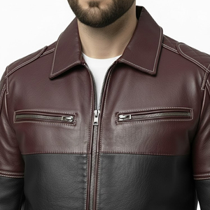 Performance <b>Men</b> <b>Leather</b> <b>Jacket</b> Biker Style Front Zipper Functional Pockets Wind Resistant OEM Custom Logo <b>Men</b> <b>Leather</b> <b>Jacket</b> - Product Image 4