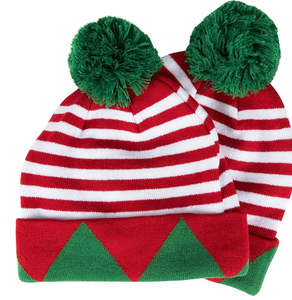 Lindo gorro de elfo a rayas rojas y blancas con pompones verdes y visera triangular, gorro de invierno - Product Image 1