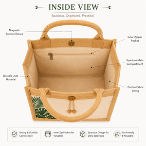 natural laminated jute tote bag with tropical leaf print eco friendly reusable shopping <b>handbag</b> wholesale - Product Image 4