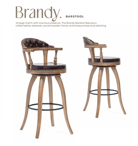 Tabouret de bar en cuir capitonné vintage traditionnel avec structure en bois massif, siège pivotant, design antique pour bar à domicile, salle à manger - Product Image 1