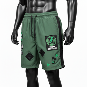 Soft lightweight polyester windbreaker <b>shorts</b> green black mesh panel embroidery <b>patch</b> heat transfer custom logo <b>men's</b> <b>shorts</b> - Product Image 3