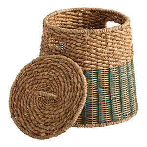 Stylish Natural And Green Rattan <b>Basket</b> <b>With</b> <b>Lid</b> Handmade Woven Storage Container Decorative Organizer For Organizing Home - Product Image 3