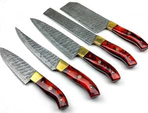 Ensemble de 5 couteaux de cuisine en acier Damas faits à la main, manche en résine rouge, embout en laiton, couteau de chef - Product Image 1