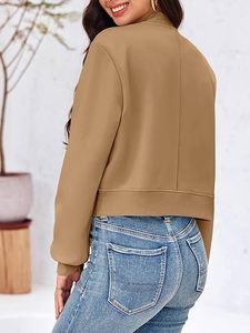 Chaqueta Bomber Caqui para Mujer, Color Sólido, Cuello Alto, Manga Larga, Cierre de Botones, Corte Recortado, Prenda Exterior Informal, Tejido de Poliéster - Product Image 3