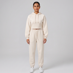 Custom <b>Women</b> Corset Crop Hoodie <b>Jogger</b> Set <b>Fleece</b> Warm Heavyweight Blank Plain Two Piece Tracksuit Sweatsuit <b>Fleece</b> Hoodie Set - Product Image 4