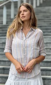 Camisa informal de algodón a rayas para mujer con diseño de botones, blusa ligera y transpirable para verano - Product Image 4