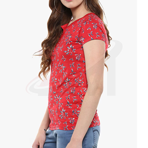 Camiseta de Manga Corta con Cuello en V y Estampado Floral Rojo para Mujer, Corte Regular Informal, 100% Algodón, Transpirable, Tejido de Punto, Top de Primavera/Verano - Product Image 5