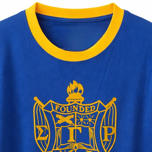 T-shirt SGRho floqué à col rond pour femme, motif lettres grecques vintage, bordure contrastante, manches courtes, décontracté, style sororité - Product Image 2
