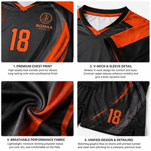 Ensemble de maillot de football personnalisé orange et noir, maillot sublimé, short, col en V, évacuation de l'humidité, extensible dans quatre directions, respectueux de l'environnement, adulte - Product Image 6