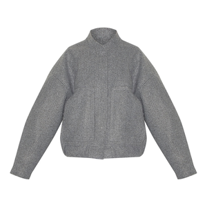 Chaqueta Bomber Gris con Aspecto de Lana, Corte Regular, Prenda Exterior de Lana Sintética, Líneas Limpias, Silueta Larga, Ropa Urbana para el Día a Día - Product Image 1