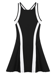Robe de tennis sans manches pour femme, noire et blanche, à blocs de couleur, col rond, vêtements de sport ajustés, vêtements d'été - Product Image 3