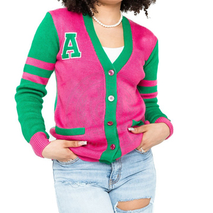 Sorority Alpha K Pink Green Acrylic Knitted <b>Cardigan</b> Greek Letter Embroidery Full Sleeve V Neck <b>Women</b> <b>Sweater</b> Collage Wear - Product Image 1
