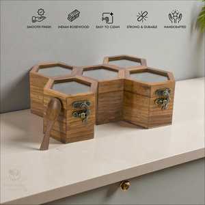 Hand Crafted Wooden Spice <b>Box</b> and Spoon, Masala <b>Box</b>, Spice Container, Salt <b>Box</b>, Dry Fruit <b>Box</b> Lid in Honeycomb - Product Image 5