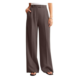 Pantalon taille haute à jambes larges, couleur unie, plissé, longueur complète, élégant, en crêpe, infroissable, coupe ample, style automne - Product Image 2