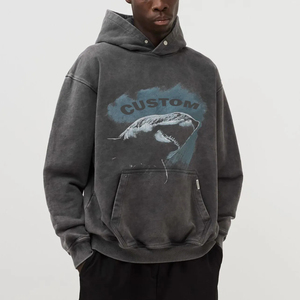 Sweat-shirt à capuche personnalisé avec motif requin délavé à l'acide, en molleton épais et surdimensionné, style streetwear pour homme - Product Image 5