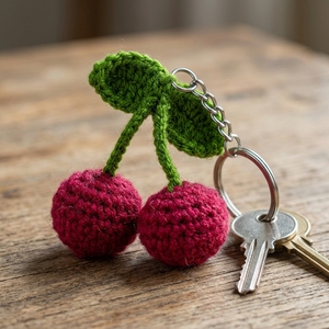 Porte-clés en crochet fait main Tulipe Rouge, Breloque de sac Fleur Double Tricotée, Pendentif Cerise, Accessoires de porte-clés Artisanat Pur - Product Image 5